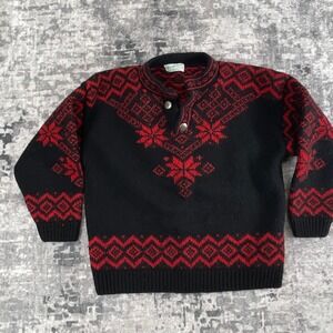 Vtg Amazonias Small Wool Knit Cardigan Nordic Fair Isle Geometric Red Black